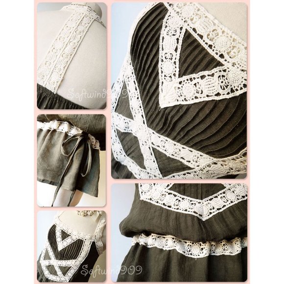 Olive Green Cream Lace Trim BOHO Gauze Airy Top - Picture 4 of 8